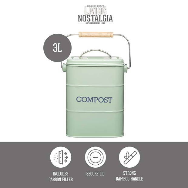 KitchenCraft - Compostbak Saliegroen - Staal - Duurzaam - Praktisch - Compostemmer - KitchenCraft Living Nostalgia