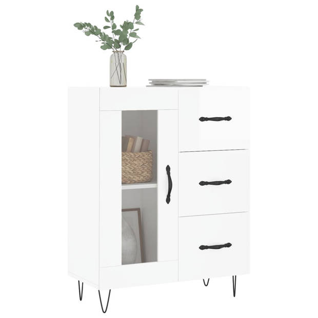 The Living Store Dressoir - Hoogglans wit - 69.5 x 34 x 90 cm - Bewerkt hout - metaal - glas