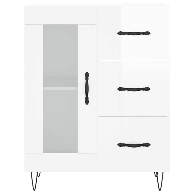 The Living Store Dressoir - Hoogglans wit - 69.5 x 34 x 90 cm - Bewerkt hout - metaal - glas