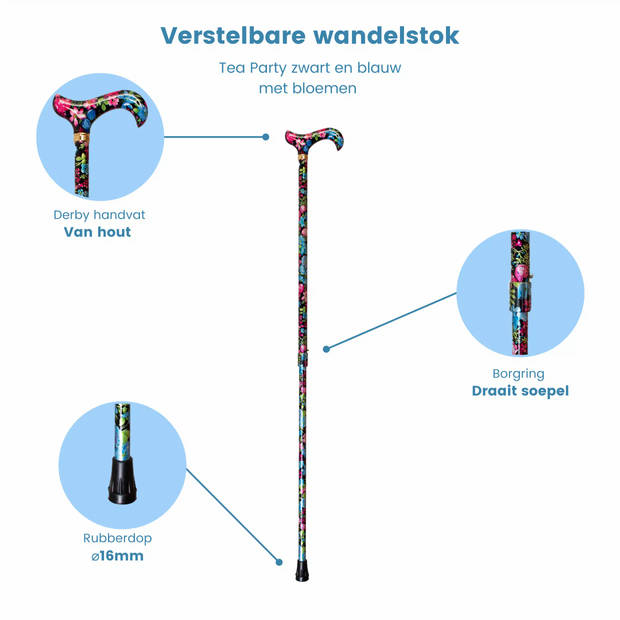 Classic Canes Verstelbare Wandelstok - Tea Party - Zwart en blauw - Bloemen – Aluminium - Lengte 77 - 100 cm