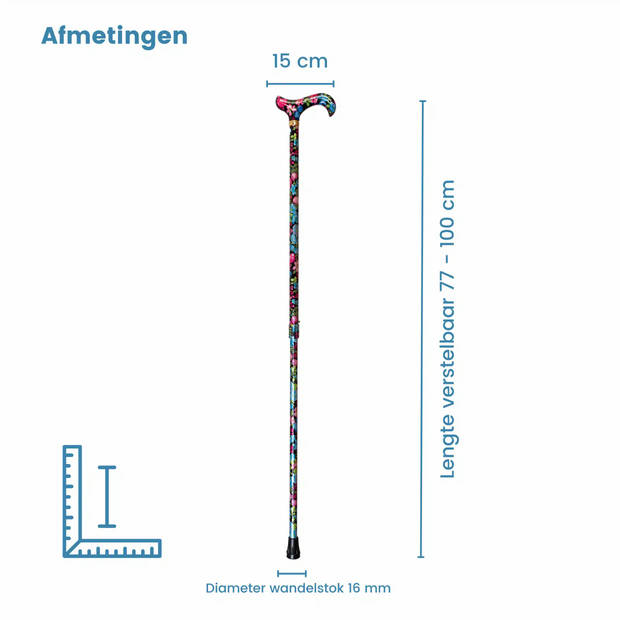 Classic Canes Verstelbare Wandelstok - Tea Party - Zwart en blauw - Bloemen – Aluminium - Lengte 77 - 100 cm