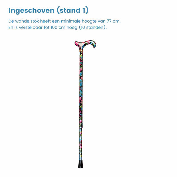 Classic Canes Verstelbare Wandelstok - Tea Party - Zwart en blauw - Bloemen – Aluminium - Lengte 77 - 100 cm