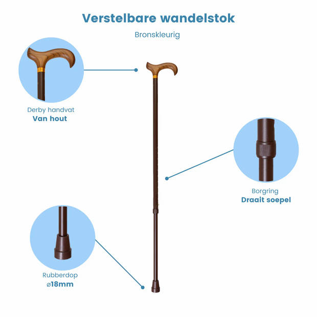 Gastrock Verstelbare Wandelstok - Brons - Aluminium - Derby handvat - Lengte 75 - 100 cm