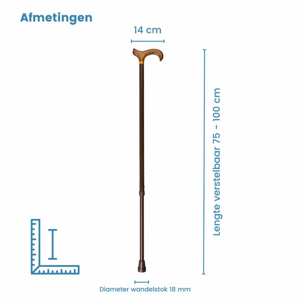 Gastrock Verstelbare Wandelstok - Brons - Aluminium - Derby handvat - Lengte 75 - 100 cm