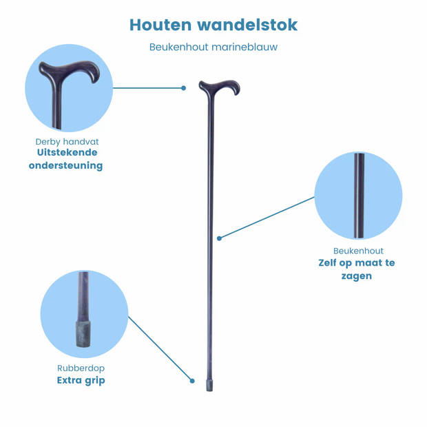 Classic Canes Houten Wandelstok - Beukenhout - Marineblauw - Derby handvat - Voor heren en dames - Lengte 89 cm