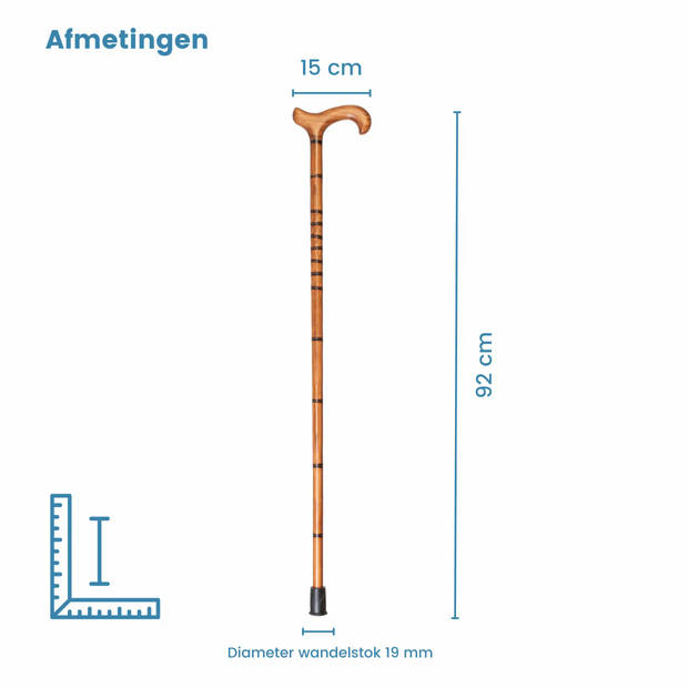 Gastrock Houten Wandelstok - Beukenhout - Bruin - Drie ringen - Lengte 94 cm - Derby handvat - Voor heren en dames