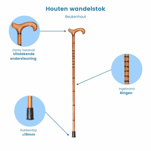 Gastrock Houten Wandelstok - Beukenhout - Bruin - Drie ringen - Lengte 94 cm - Derby handvat - Voor heren en dames