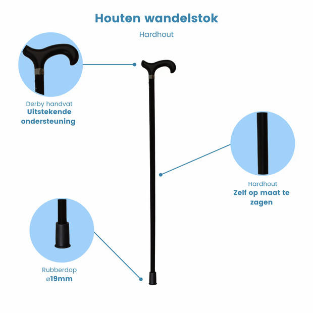Classic Canes Houten Wandelstok - Hardhout - Zwart - Nikkel ring - Derby handvat - Voor heren en dames - Lengte 92 cm