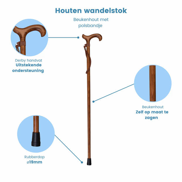 Classic Canes Houten Wandelstok - Beukenhout - Bruin - geschroeid - Met polsbandje - Voor heren en dames - Lengte 92 cm