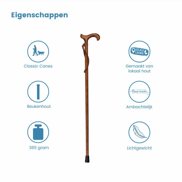 Classic Canes Houten Wandelstok - Beukenhout - Bruin - geschroeid - Met polsbandje - Voor heren en dames - Lengte 92 cm