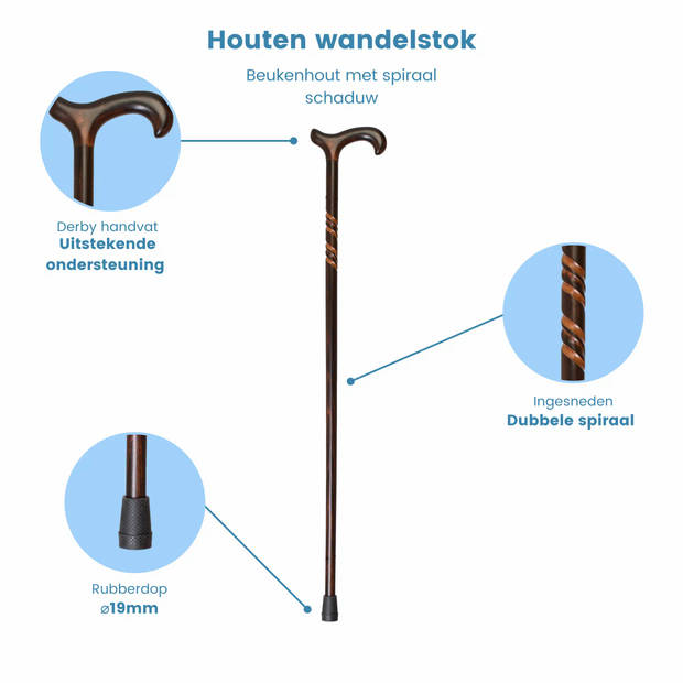 Classic Canes Houten Wandelstok - Beukenhout - Bruin - Spiraal - Schaduw - Voor heren en dames - Lengte 92 cm