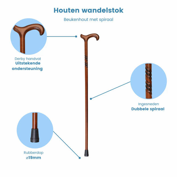 Classic Canes Houten Wandelstok - Beukenhout - Bruin - Spiraal - Derby handvat - Voor heren en dames - Lengte 92 cm