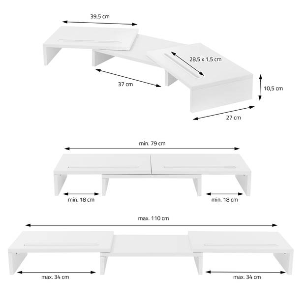 Dubbele monitorstandaard 110x27x10,5 cm wit hout ML-Design