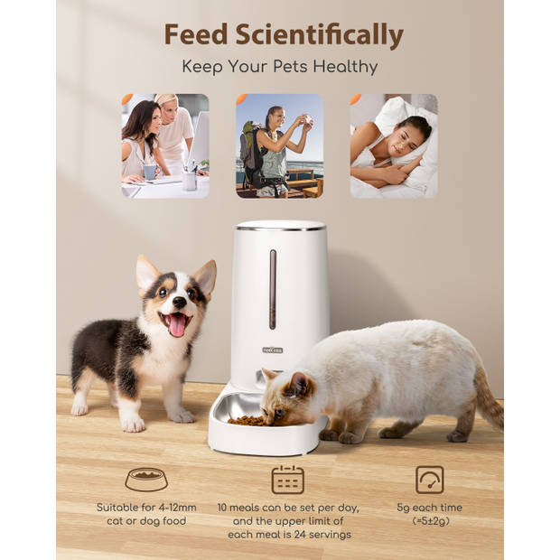 Nobleza Automatische voerbak - Voerautomaat voor honden en katten - Smartphone besturing - Voerdispenser - 4L - Wit