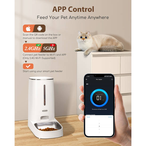 Nobleza Automatische voerbak - Voerautomaat voor honden en katten - Smartphone besturing - Voerdispenser - 4L - Wit
