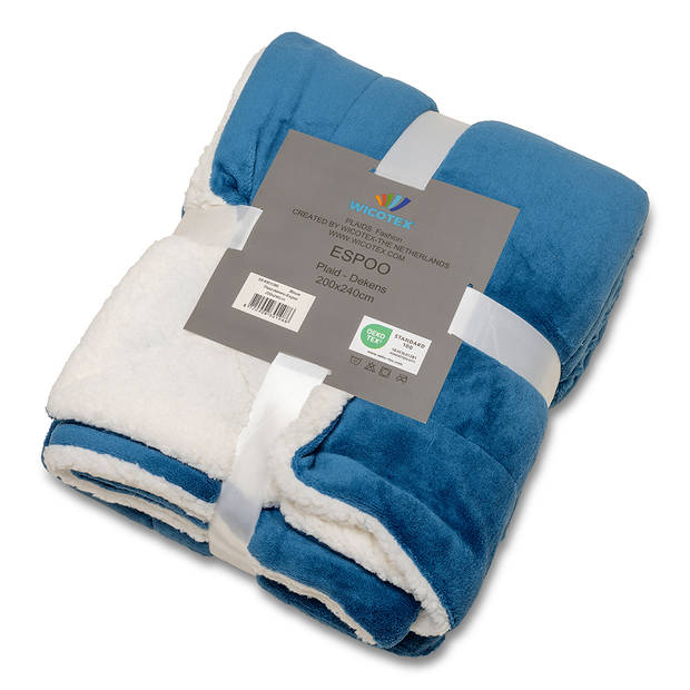 Wicotex-Plaid-deken-fleece plaid Espoo blauw 200x240cm met witte sherpa binnenkant-Zacht en warme Fleece deken.