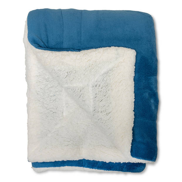 Wicotex-Plaid-deken-fleece plaid Espoo blauw 200x240cm met witte sherpa binnenkant-Zacht en warme Fleece deken.