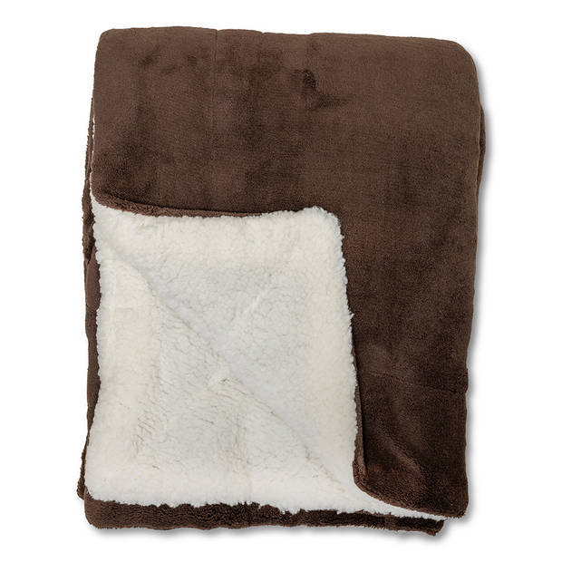 Wicotex-Plaid-deken-fleece plaid Espoo bruin 200x240cm met witte sherpa binnenkant-Zacht en warme Fleece deken.