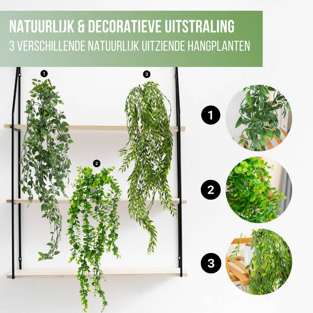 GreenDream® 3 Verschillende Hangplanten Kunstplanten in Pot - decoratief - Cadeautip - Groen