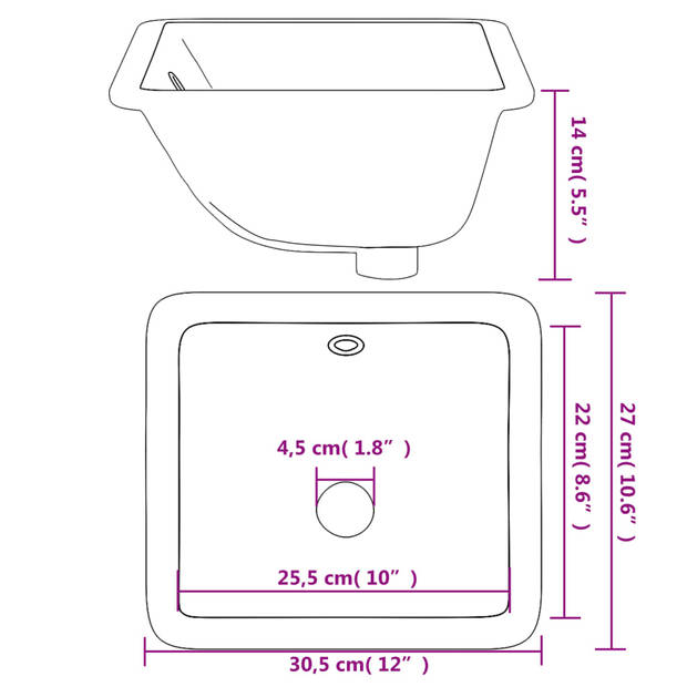 vidaXL Wastafel rechthoekig 30,5x27x14 cm keramiek wit