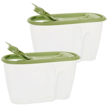 Voedselcontainer strooibus - 2x - groen - 1 liter - kunststof - 20 x 9,5 x 11 cm - Voorraadpot
