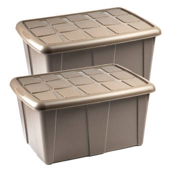 Plasticforte Opslagbox met deksel - 2x - Beige - 60L - kunststof - 63 x 46 x 32 cm - Opbergbox