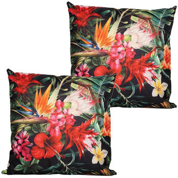 Anna's collection buitenkussen bloem - 2x - rood/zwart - 60 x 60 cm - tuinstoelkussens