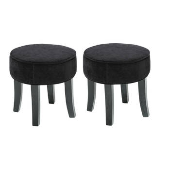 Atmosphera Zit krukje/bijzet stoel - 2x - hout/stof - zwart fluweel - D35 x H40 cm - Krukjes