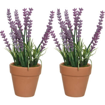 2x lavendel kunstplant in terracotta pot - paars - D6 x H18 cm - Kunstplanten