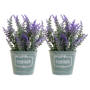 Items Lavendel bloemen kunstplant in bloempot - 2x - paarse bloemen - 14 x 27 cm - bloemstuk - Kunstplanten