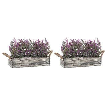 Items Lavendel bloemen kunstplant in bloembak - 2x - lila paarse bloemen - 30 x 12 x 21 cm - bloemstukje - Kunstplanten
