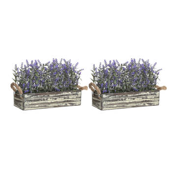 Items Lavendel bloemen kunstplant in bloembak - 2x - donkerpaarse bloemen - 30 x 12 x 21 cm - bloemstukje - Kunstplanten