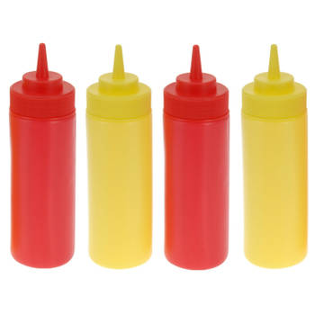 Doseerflessen/sausflessen - 4x - rood en geel - kunststof - 400 ml - mayo en ketchup knijpflessen - Garneergerei