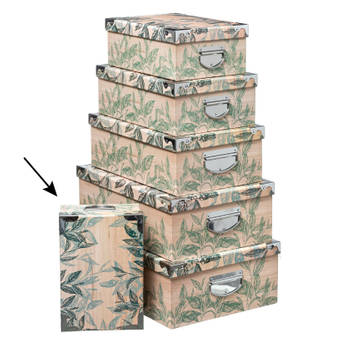 5Five Opbergdoos/box - 2x - Green leafs print op hout - L28 x B19.5 x H11 cm - Stevig karton - Leafsbox - Opbergbox