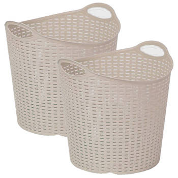 Plasticforte Gevlochten wasmand/opbergmand - 2x - flexibel - beige - 27 liter - rond - kunststof - Wasmanden