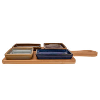 Cosy & Trendy serveerplank bamboe 29 x 20 cm met 4x luxe hapjes/saus/tapas schaaltjes - Snack en tapasschalen
