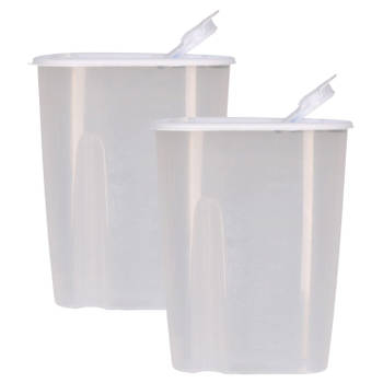 Voedselcontainer strooibus - 2x - wit - 2,2 liter - kunststof - 20 x 9,5 x 23,5 cm - Voorraadpot