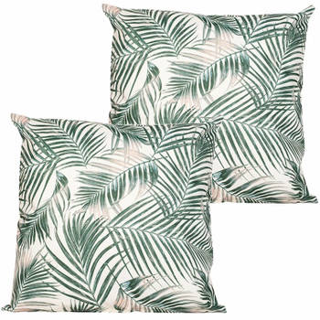 Anna's collection buitenkussen palm - 2x - wit/groen - 60 x 60 cm - tuinstoelkussens