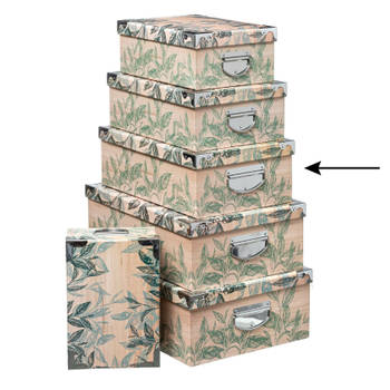 5Five Opbergdoos/box - Green leafs print op hout - L40 x B26.5 x H14 cm - Stevig karton - Leafsbox - Opbergbox