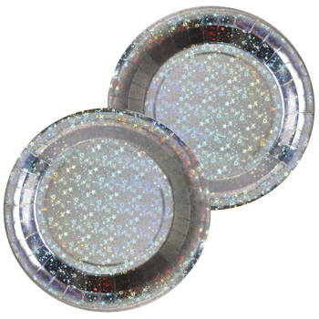 Santex feest wegwerpbordjes - glitter - 20x stuks - 23 cm - zilver - Feestbordjes