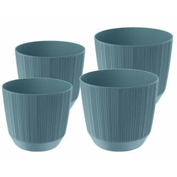 Prosperplast plantenpotten/bloempotten Carf Stripe - blauw - 4x stuks - kunststof - Dia 15 en 19 cm - Plantenpotten