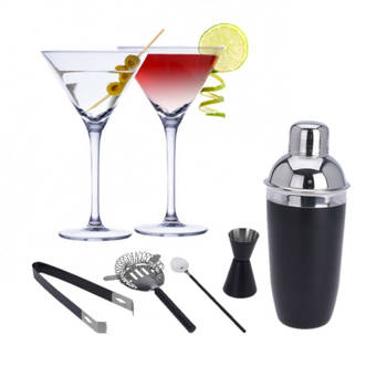 Set van 4x Martini cocktailglazen met zwarte 5-delige cocktailshaker set RVS - Cocktailglazen