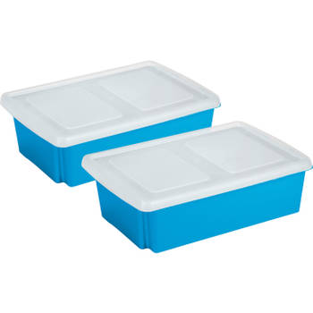 Sunware 2x opslagbox kunststof 30 liter blauw 59 x 39 x 17 cm met deksel - Opbergbox