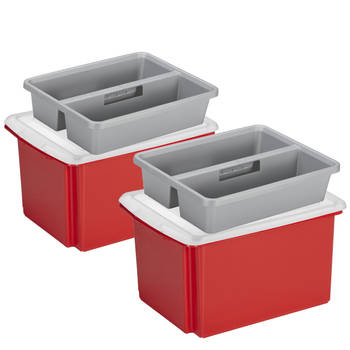 Sunware 2x opslagboxen kunststof 32 liter rood 45 x 36 x 24 cm met deksel en organiser tray - Opbergbox