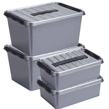 Opberg boxen set 4x stuks 12 en 22 liter kunststof grijs met deksel - Opbergbox