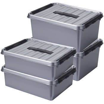 Opberg boxen set 6x stuks 10 en 15 liter kunststof grijs met deksel - Opbergbox