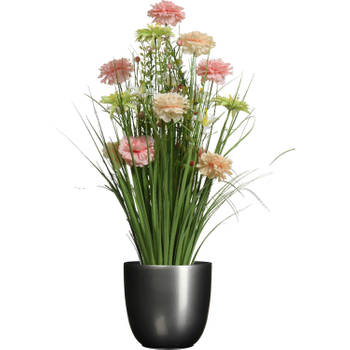 Kunstbloemen boeket roze - in pot grijs - keramiek - H70 cm - Kunstbloemen