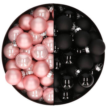 Mini kerstballen - 48x st - zwart en lichtroze - 2,5 cm - glas - Kerstbal