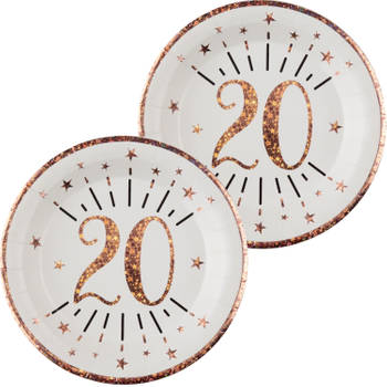 Verjaardag feest bordjes leeftijd - 20x - 20 jaar - rose goud - karton - 22 cm - Feestbordjes