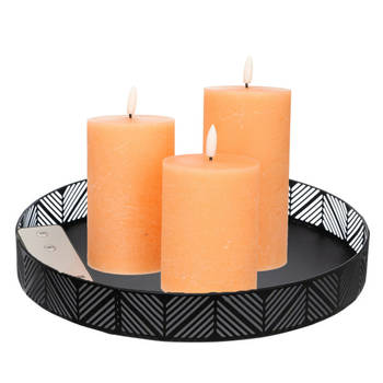 LED kaarsen - 3x st - perzik oranje - met zwart rond dienblad 29,5 cm - LED kaarsen